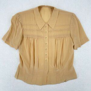 True Vintage 1940s Blouse Blush Silk Rayon Crepe Hemstitch Nipped Waist XS S